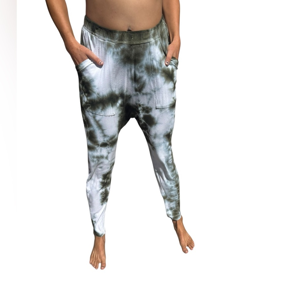 Slick Forest Green Tie-Dye Drop Crotch Joggers